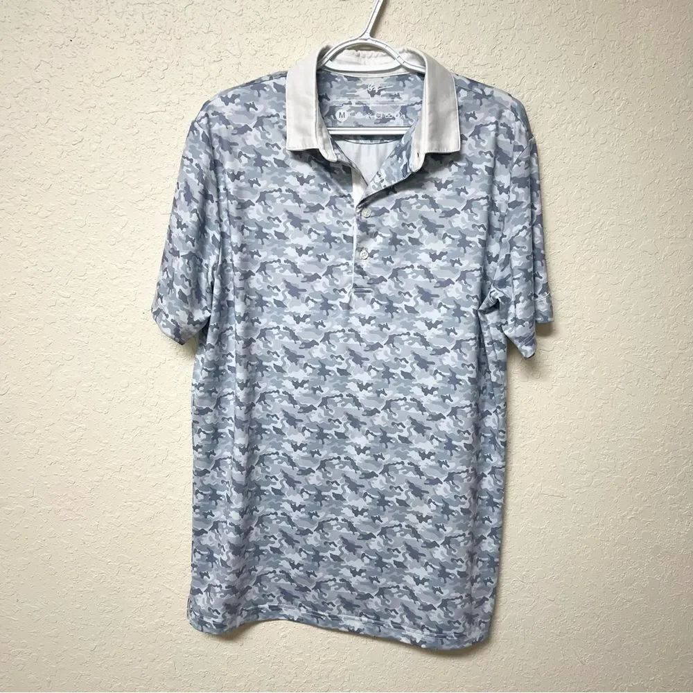 Boston Scott Polo Shirt Mens Blue Camo Print Golf Performance UPF Stretch Sz M